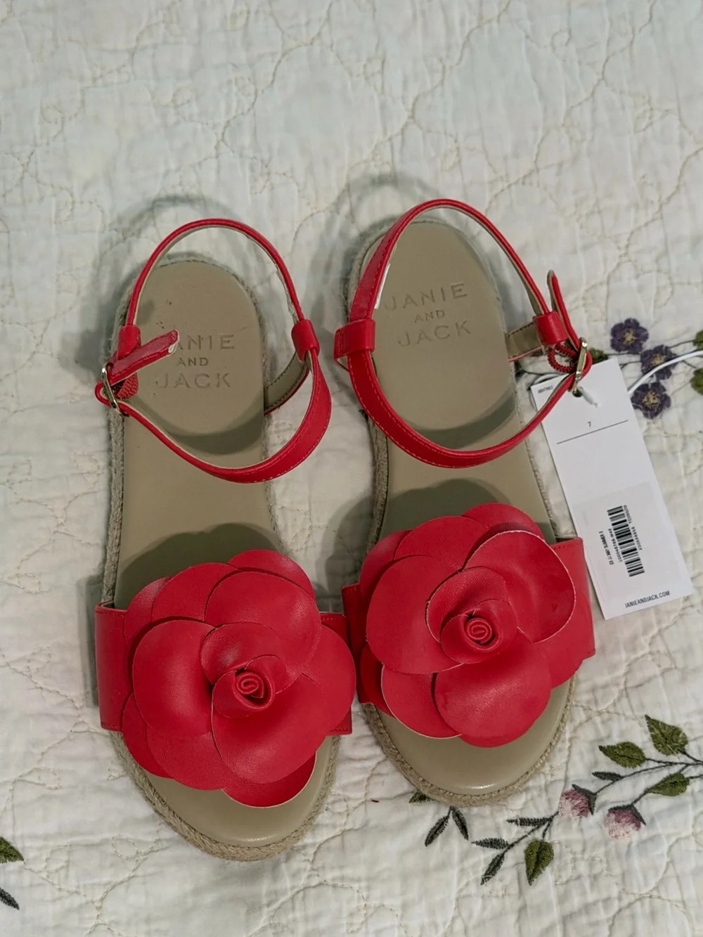 Janie and Jack Red Flower Appliqué Ankle-Strap Sandals